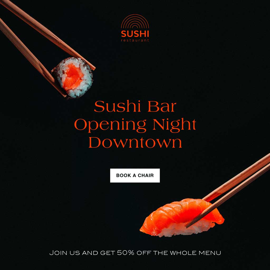 Sushi Bar Grand Opening Ad Black and Orange